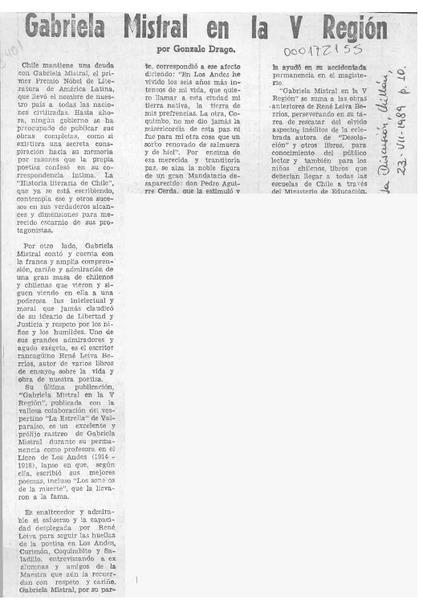 Gabriela Mistral en la V región  [artículo] Gonzalo Drago.