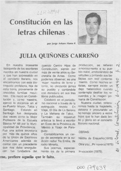 Julia Quiñones Carreño  [artículo] Jorge Arturo Flores P.