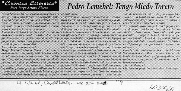 Pedro Lemebel, Tengo miedo torero  [artículo] Jorge Arturo Flores