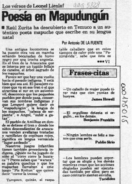 Poesía en Mapudungún  [artículo] Antonio de la Fuente.