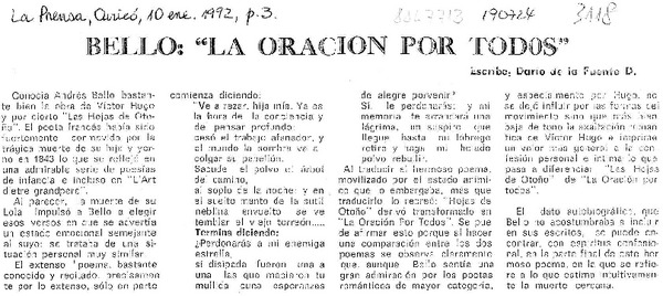 Bello, "La oración por todos"  [artículo] Darío de la Fuente D.