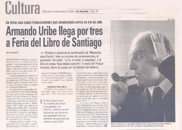 En total son cinco publicaciones que aparecerán antes de fin de año : Armando Uribe llega por tres a Feria del Libro de Santiago