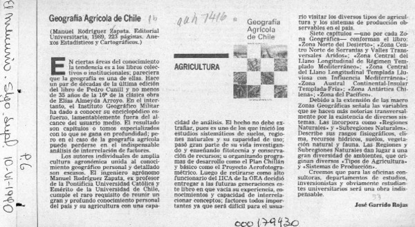 Geografía agrícola de Chile  [artículo] José Garrido Rojas.