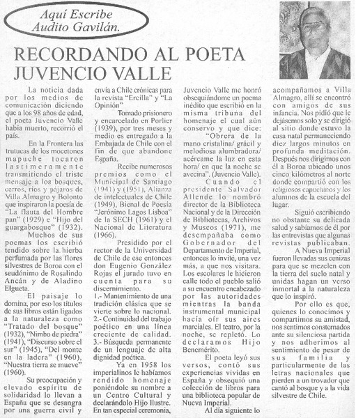 Recordando al poeta Juvencio Valle