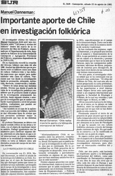 Importante aporte de Chile en investigación folklórica  [artículo] G. S.