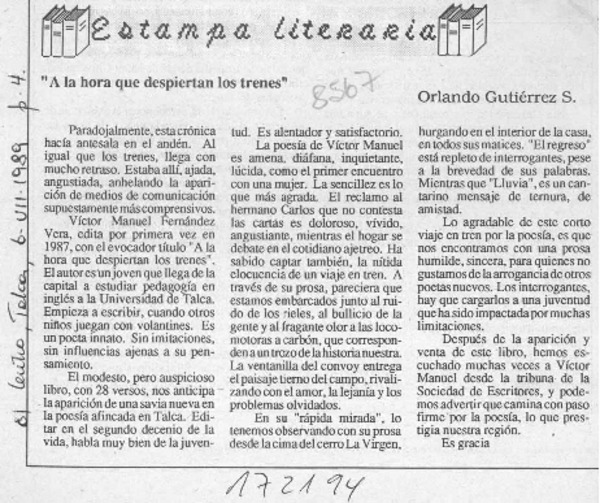 A la hora que despiertan los trenes  [artículo] Orlando Gutiérrez S.