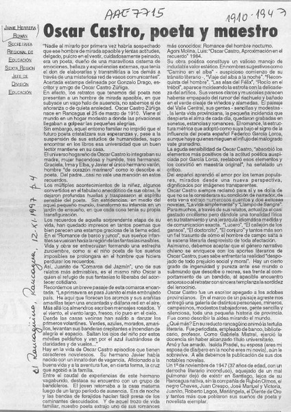 Oscar Castro, poeta y maestro  [artículo] Jaime Herrera Román.