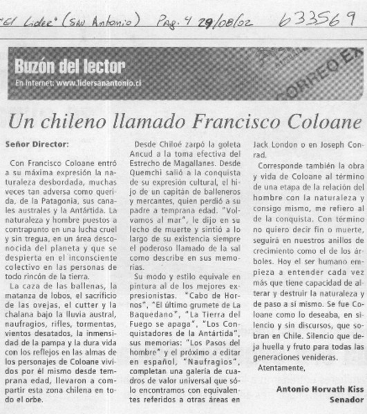 Un chileno llamado Francisco Coloane  <artículo> Antonio Horvath Kiss