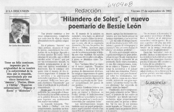 "Hilandero de soles", el nuevo poemario de Bessie León  [artículo] Carlos René Ibacache I.