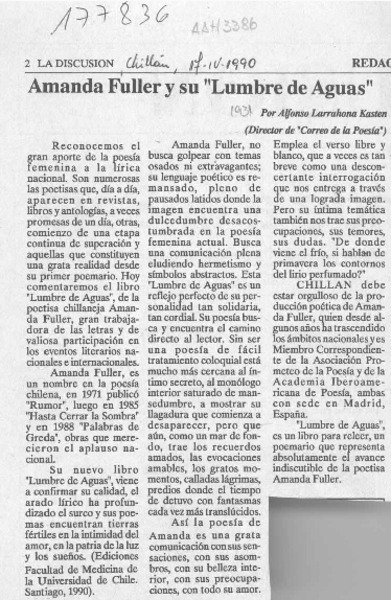 Amanda Fuller y su "Lumbre de aguas"  [artículo] Alfonso Larrahona Kästen.