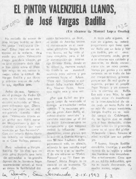 El pintor Valenzuela Llanos, de José Vargas Badilla  [artículo] Manuel López Osorio.