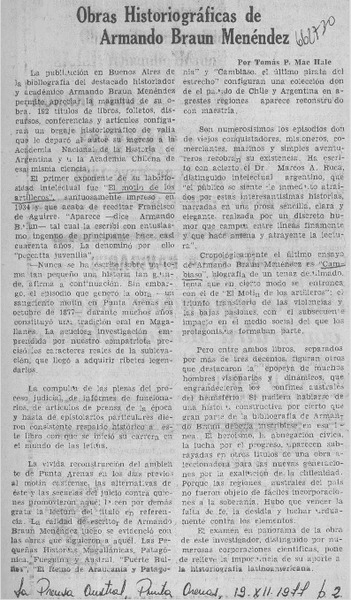 Obras historiográficas de Armando Braun Menéndez  [artículo] Tomás P. Mac Hale.