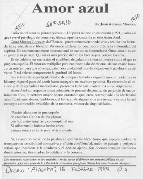 Amor azul  [artículo] Juan Antonio Massone.