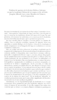 Palabras de apertura de la Sesión Pública y Solemne en que la Academia Chilena de la Lengua recibe al Padre Joaquín Alliende Luco como Miembro de Número de la Corporación