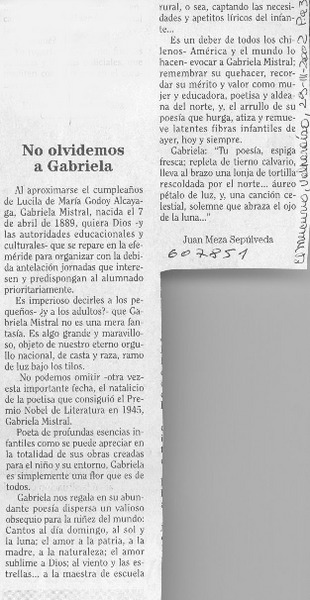 No olvidemos a Gabriela  [artículo] Juan Meza Sepúlveda