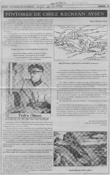 Pintores de Chile recrean Aysén  [artículo] Mario Miranda Soussi.
