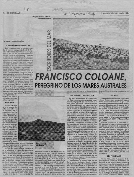 Francisco Coloane, peregrino de los mares australes  [artículo] Manuel Montecinos Caro.