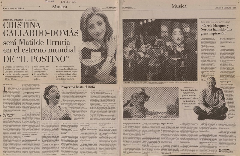 Cristina Gallardo-Domâs será Matilde Urrutia en el estreno mundial de "Il Postino"  [artículo] Juan Antonio Muñoz H.