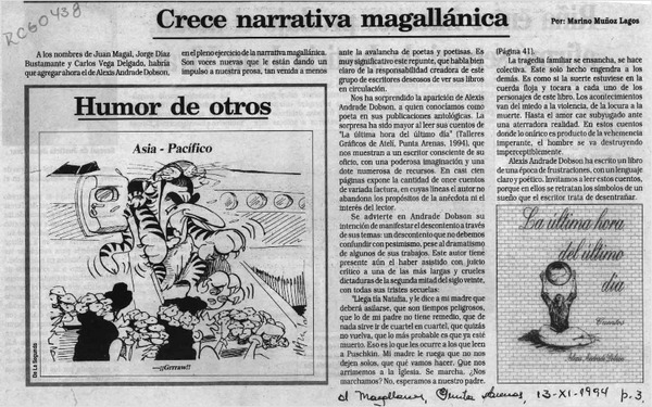 Crece narrativa magallánica  [artículo] Marino Muñoz Lagos.