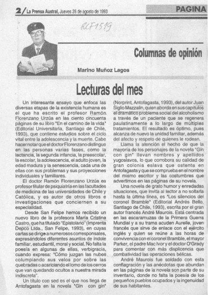 Lecturas del mes  [artículo] Marino Muñoz Lagos.