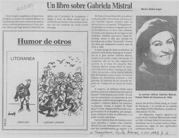 Un libro sobre Gabriela Mistral  [artículo] Marino Muñoz Lagos.