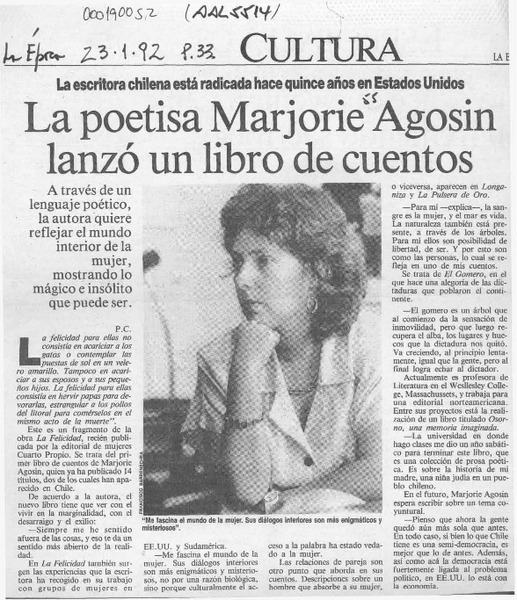 La poetisa Marjorie Agosin lanzó un libro de cuentos  [artículo] P. C.