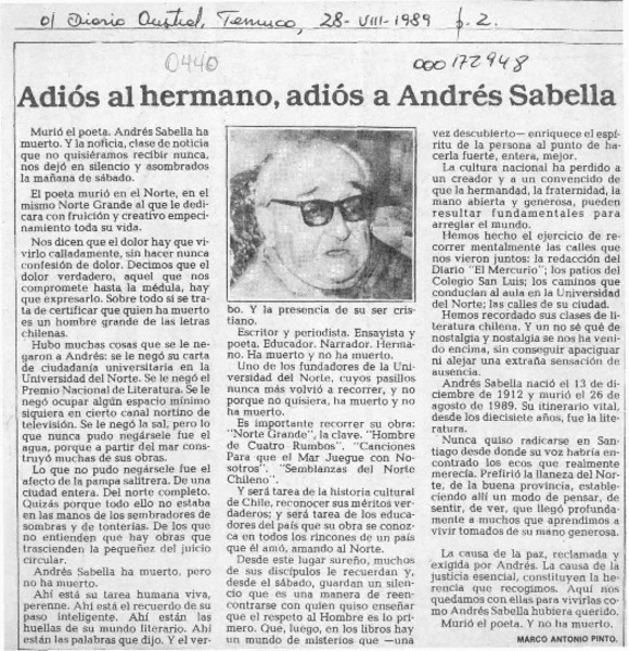 Adiós al hermano, adiós a Andrés Sabella  [artículo] Marco Antonio Pinto.