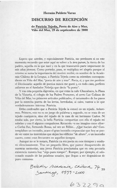 Discurso de recepción  [artículo] Hernán Poblete Varas