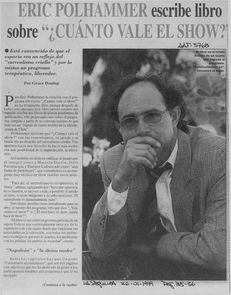 Eric Pohlhammer escribe libro sobre "Cuánto vale el show?'  [artículo] Grace Dunlop.