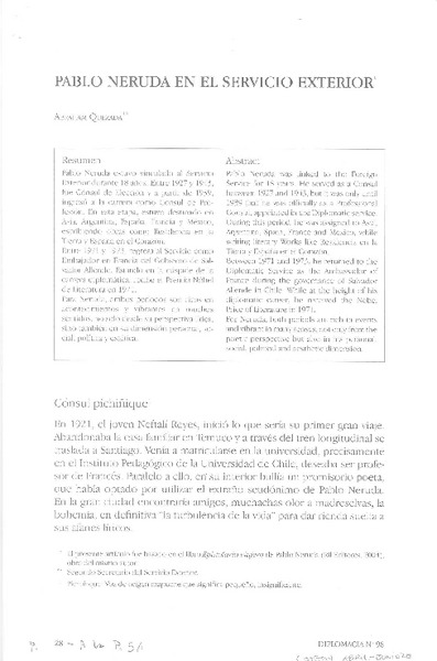 Pablo Neruda en el Servicio Exterior  [artículo] Abraham Quezada