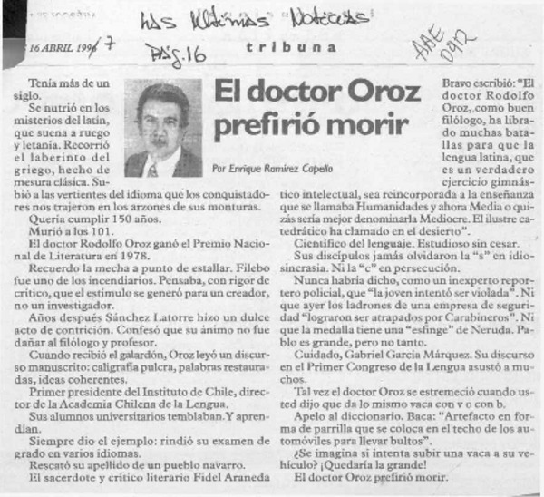 El doctor Oroz prefirió morir  [artículo] Enrique Ramírez Capello.