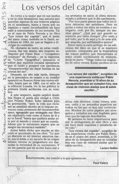 Los versos del capitán  [artículo] Lautaro Robles.