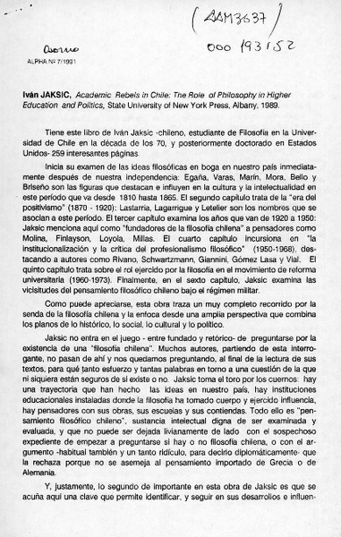 Academic rebels in Chile, the role of philosophy in higher education and politics  [artículo] Rogelio Rodríguez M.
