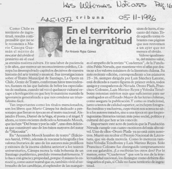 En el territorio de la ingratitud  [artículo] Antonio Rojas Gómez.