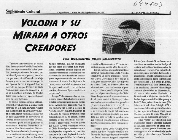 Volodia, y su mirada a otros creadores  [artículo] Wellington Rojas Valdebenito