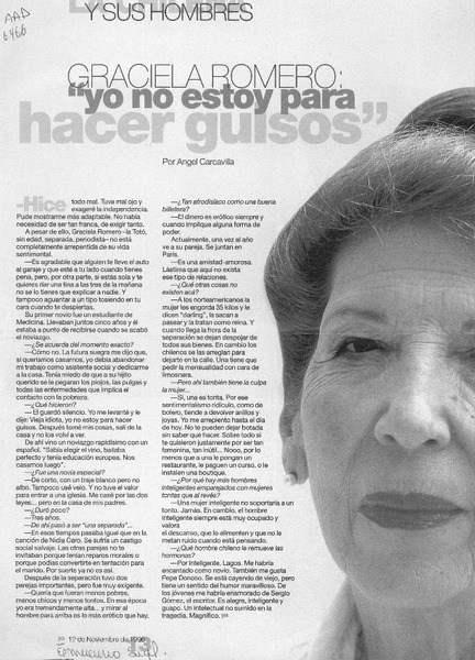 Graciela Romero, "Yo no estoy para hacer guisos"  [artículo] Angel Carcavilla.
