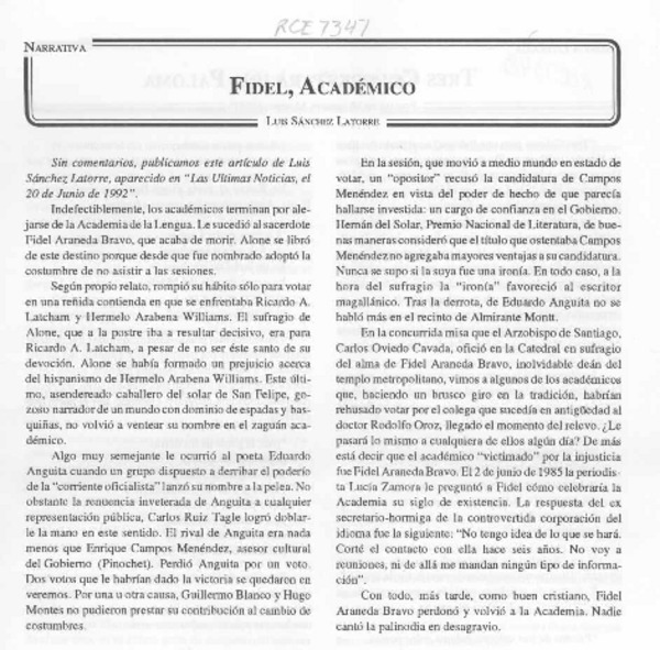 Fidel, académico  [artículo] Luis Sánchez Latorre.