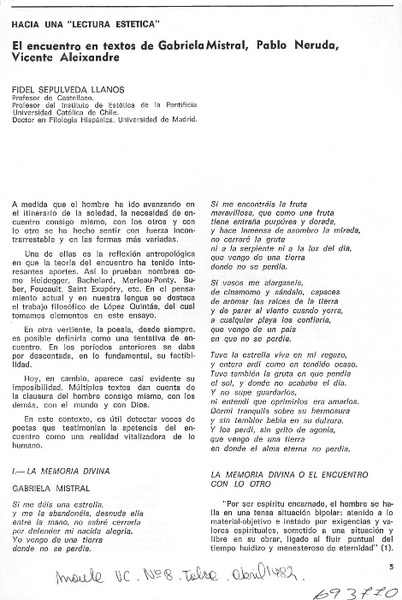 El encuentro en textos de Gabriela Mistral, Pablo Neruda, Vicente Aleixandre