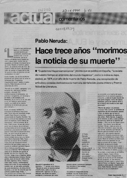 Hace trece años "morimos la noticia de su muerte"  [artículo] René Sepúlveda V.