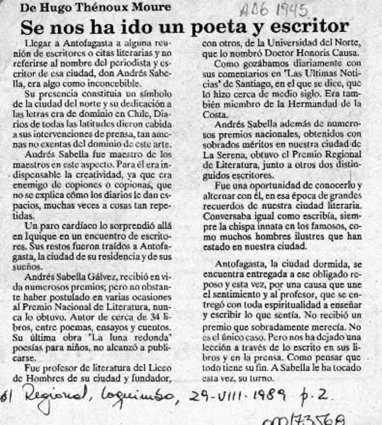 Se nos ha ido un poeta y escritor  [artículo] Hugo Thénoux Moure.