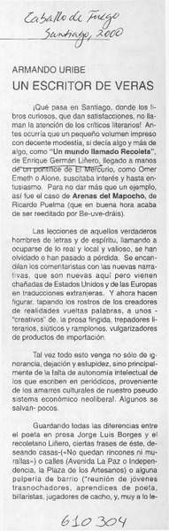 Un escritor de veras  [artículo] Armando Uribe