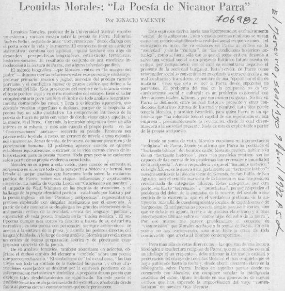 Leonidas Morales "La poesía de Nicanor Parra"
