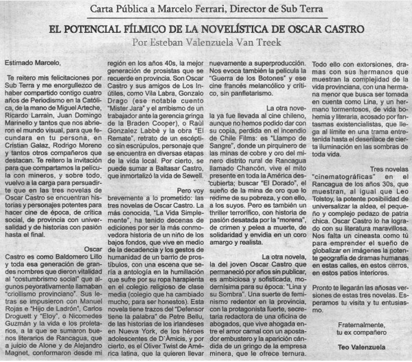 El potencial fílmico de la novelística de Oscar Castro