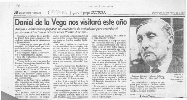 Daniel de la Vega nos visitará este año  [artículo] Marco Valeria.