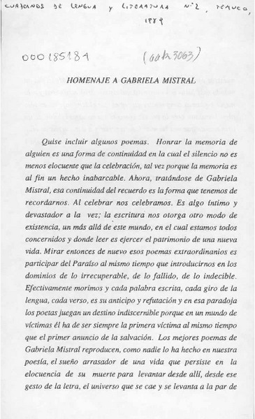 Homenaje a Gabriela Mistral  [artículo] Raúl Zurita Canessa.