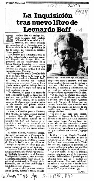La Inquisición tras nuevo libro de Leonardo Boff  [artículo] Alasei.