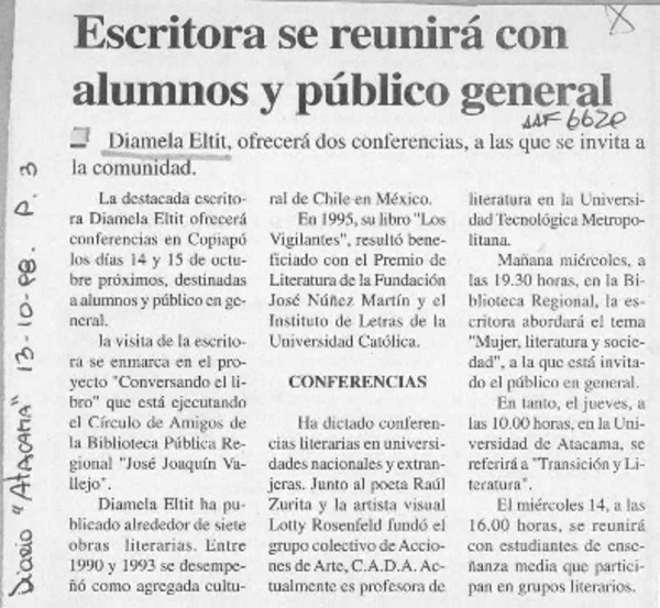 Escritora se reunirá con alumnos y público en general  [artículo].