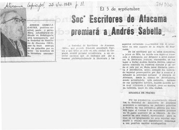 Soc Escritores de Atacama premiará a Andrés Sabella.