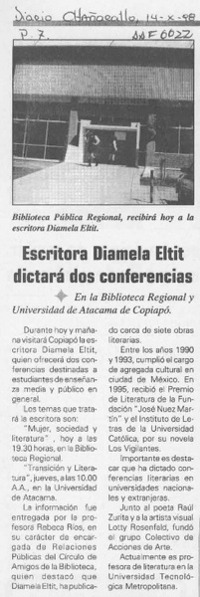 Escritora Diamela Eltit dictará dos conferencias  [artículo].