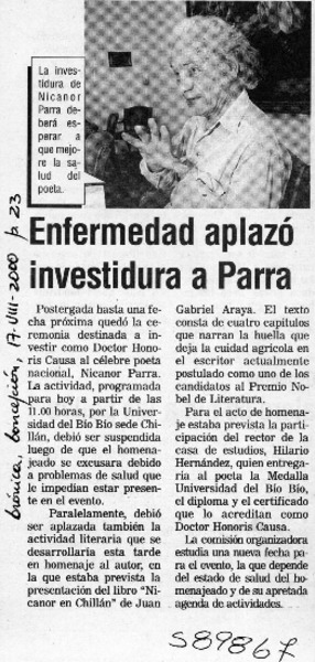 Enfermedad aplazó investidura a Parra  [artículo]